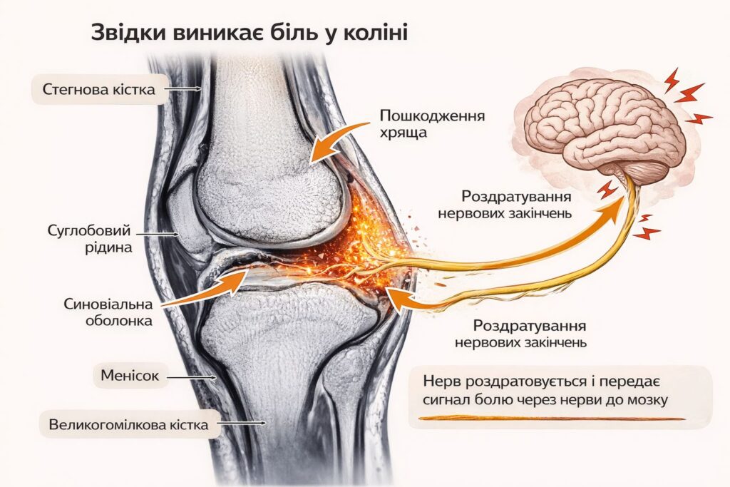 Схема передачі больового синдрому від колінного суглоба до мозку